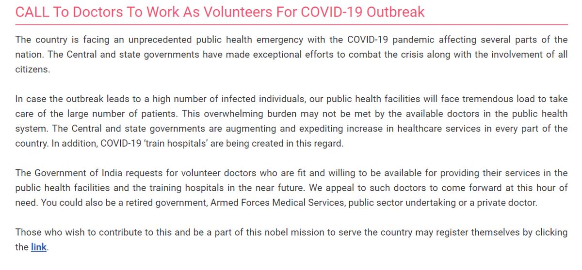 PiyushGoyal's tweet photo. Volunteer for a Better Tomorrow: Doctors who wish to join hands with our Govt. in service of the nation &amp; fight against #COVID2019 are invited to volunteer with the public health facilities 👩🏻‍⚕👨🏻‍⚕

✍🏼 Those who wish to contribute may register at: https://t.co/4IkRznZvBZ https://t.co/lZA7dsBUaN