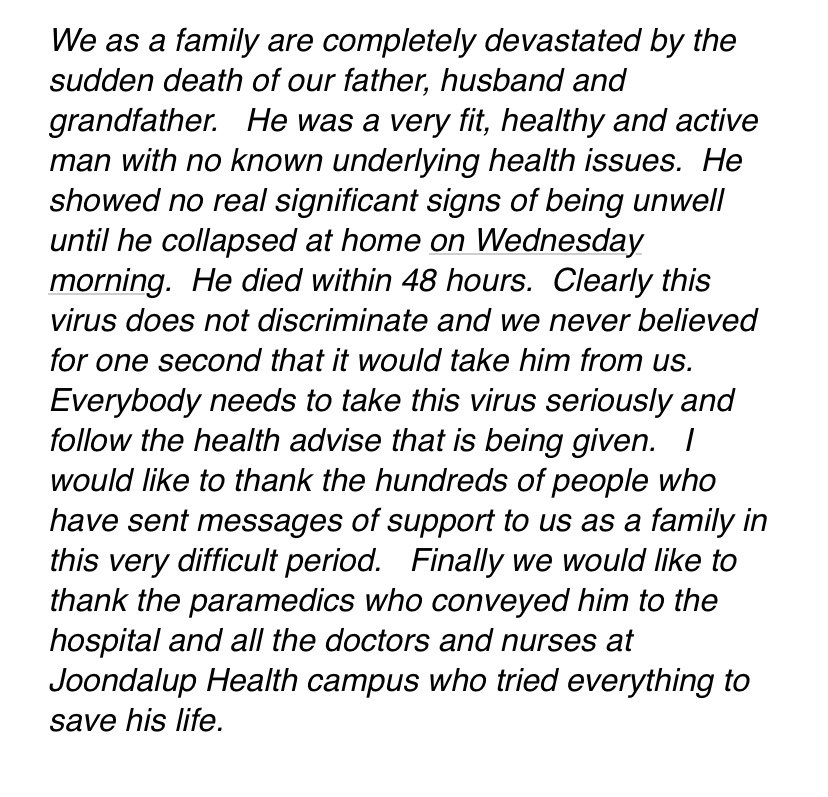 Tracy_Vo's tweet photo. 73 year old Ray Daniels died from COVID-19 in Joondalup hospital yesterday. His family’s full statement below. @9NewsAUS @9NewsPerth https://t.co/SDZq3hC4Qt