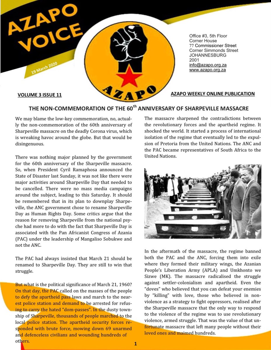 EcAzapo's tweet photo. AZAPO VOICE Volume 3 Issue 11.

Period 19 - 26 March 2020.

”THE NON-COMMEMORATION OF THE 60th ANNIVERSARY OF SHARPEVILLE MASSACRE”

#sharpeville https://t.co/TT9oXEfWhh