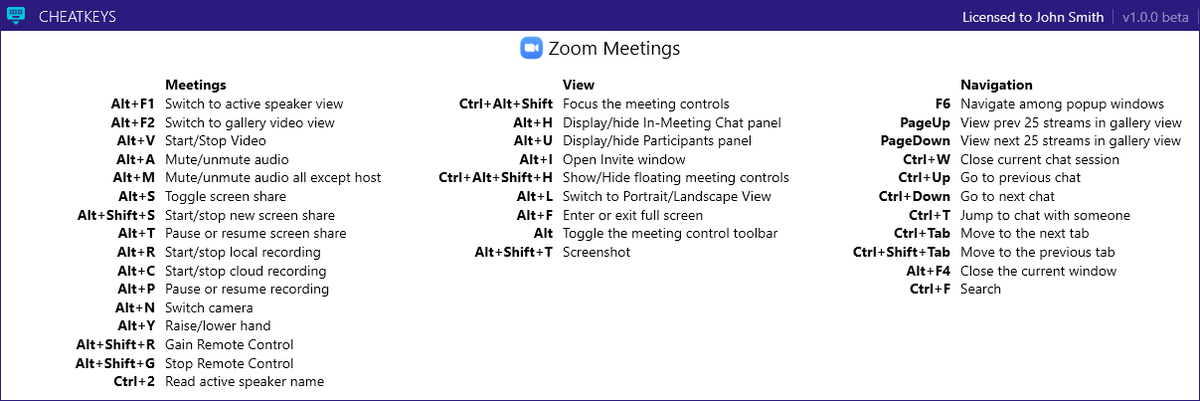 CheatKeysApp's tweet photo. Ok so support for #Zoom @zoom_us has been added to CheatKeys. Up your shortcuts game! Now to find a killer #zoombackgrounds 
https://t.co/Srib4wJ4pT https://t.co/Neb2bqPCnB