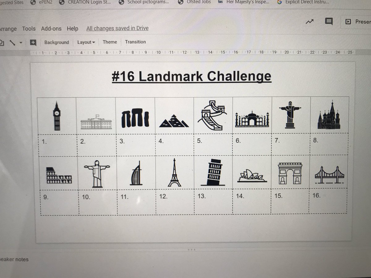 m_chiles's tweet photo. ***REMOTE LEARNING CHALLENGE 2*** Guess the 16 landmarks 👌 Available here 👉https://t.co/YkDJgNV4mL https://t.co/pnWOP5KzX2