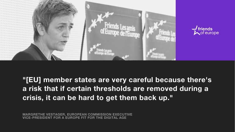 FriendsofEurope's tweet photo. Asked about the use of #data in the fight against #coronavirus, Executive VP Margrethe @vestager warns it may be difficult to reclaim our privacy if boundaries are crossed during the ongoing crisis. #FoEDebate https://t.co/Wbw4A0du3B