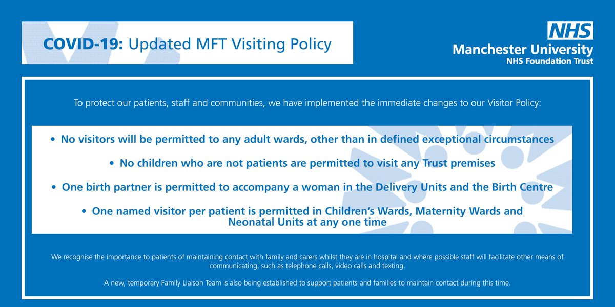 To protect our patients, staff and communities at MFT, we have implemented these immediate changes to our Visitor Policy in order to minimise the risk of transmission of COVID-19 by reducing the footfall in our hospital wards and community inpatient areas.
This now means: (1/3)
