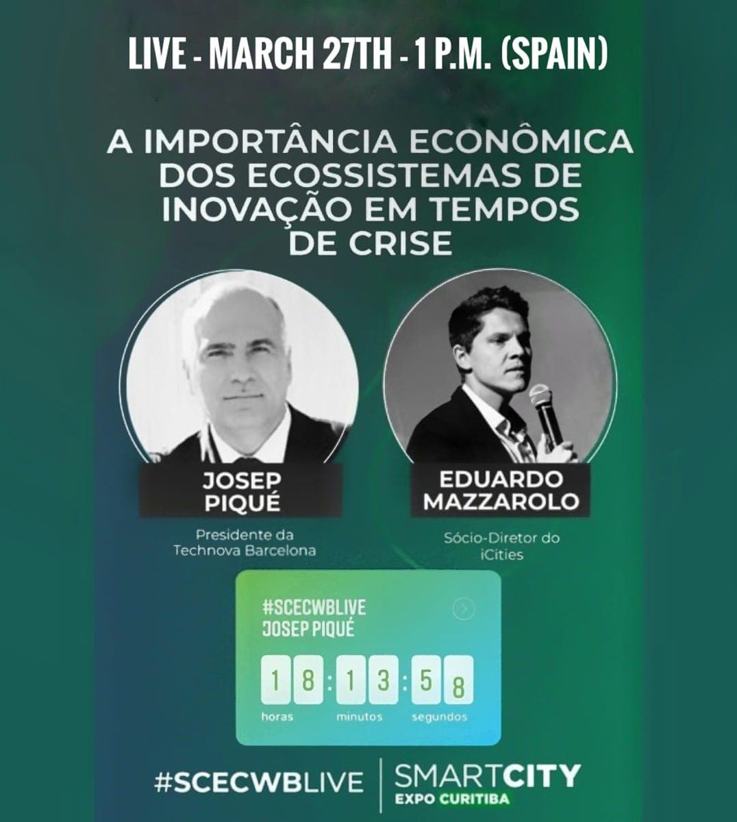 LaSalleTechnova's tweet photo. The importance of #innovationecosystems in the crisis time.
A talk with @JosepMPique from @LaSalleTechnova and #EduardoMazzarolo #iCities #SmartCities #Brazil)
🗓️ We are waiting for you on our #InstagramLive platform (@lasalletechnova), today, March 27th at 13h (Spain time) https://t.co/ADI8Zzli5l