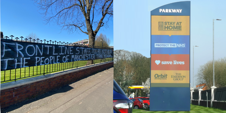 Orbit_UK's tweet photo. Looks like the people of Manchester are supporting the @NHSuk, some of which are based here at our Parkway Business Centre. We've joined in to support &amp; help spread the message by using our digital totem outside. #stayathome #ThankYouNHS https://t.co/Na4jHogRYX
