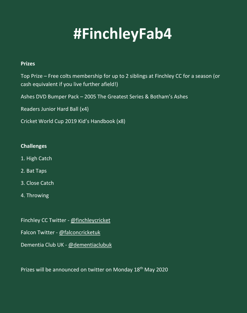 Finchley CC (@finchleycricket) on Twitter photo Want to take part in some cricket challenges and be in with a chance to win some prizes? We've teamed up with <a href="/falconcricketuk/">Falcon Cricket</a> , to launch the #FinchleyFab4.
Have a look at our video & poster for details!
£2 of every £10 paid goes to help <a href="/dementiaclubuk/">Dementia Club UK</a> Want to take part in some cricket challenges and be in with a chance to win some prizes? We've teamed up with <a href="/falconcricketuk/">Falcon Cricket</a> , to launch the #FinchleyFab4.
Have a look at our video & poster for details!
£2 of every £10 paid goes to help <a href="/dementiaclubuk/">Dementia Club UK</a>