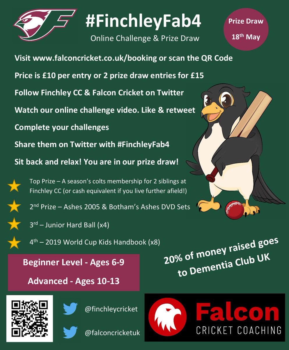 finchleycricket's tweet photo. Want to take part in some cricket challenges and be in with a chance to win some prizes? We've teamed up with  @falconcricketuk , to launch the #FinchleyFab4.

Have a look at our video &amp; poster for details! 

£2 of every £10 paid goes to help @dementiaclubuk https://t.co/c0ioLtTTNu