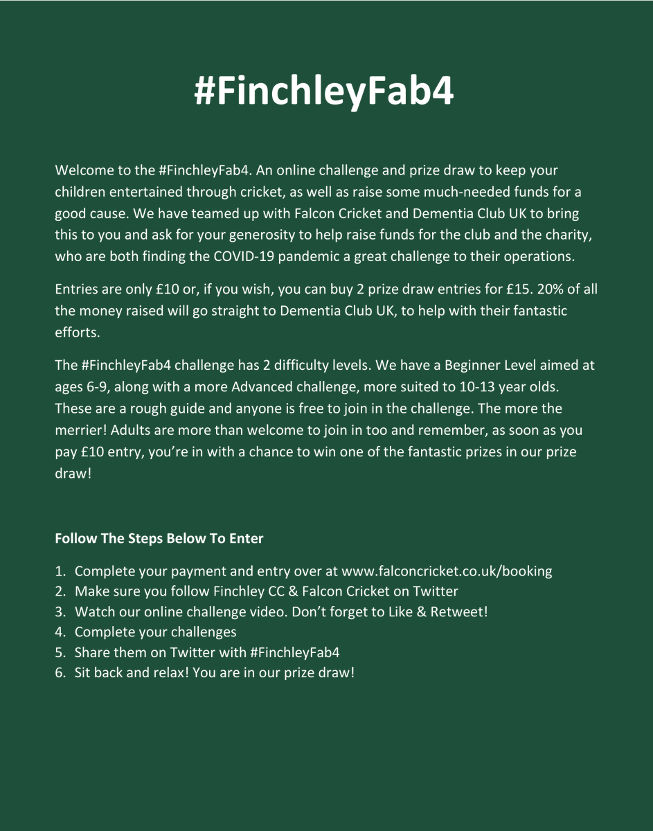 finchleycricket's tweet photo. Want to take part in some cricket challenges and be in with a chance to win some prizes? We've teamed up with  @falconcricketuk , to launch the #FinchleyFab4.

Have a look at our video &amp; poster for details! 

£2 of every £10 paid goes to help @dementiaclubuk https://t.co/c0ioLtTTNu