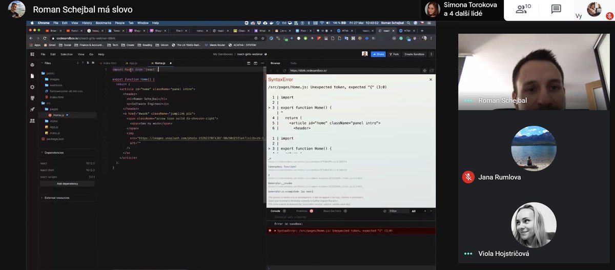 #ReactGirlsPrague webinář s <a href="/romanschejbal/">Roman Schejbal</a> jako koučem! 👏🏼 Holky si naprogramují své portfolio 🤓 Děkujeme moc všem! 😍 <a href="/mind_the_gap_t/">Tereza Machackova</a> <a href="/jirka_pospisil/">Jiří Pospíšil</a> <a href="/VelasMarek/">Marek Velas</a> <a href="/EliDaProud/">Eliška Čejpová 👩🏻‍💻💙</a> <a href="/VanekTereza/">Tereza Vaňková</a>  <a href="/LivesportCZ/">Livesport.cz</a> <a href="/productboard/">Productboard</a> <a href="/applifting_cz/">Applifting Česko</a> <a href="/ngPartyCz/">ngParty</a> #javascript #reactjs
