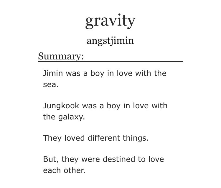➳「 gravity 」‧₊˚࿐< link:  https://archiveofourown.org/works/11636286/chapters/26170878♡ - astronaut jungkook♡ - sailor jimin♡ - angst and fluff ♡︎ - it’s so good i could cry ♡︎ - do yourself a favour and read it ♡︎ - 10/10