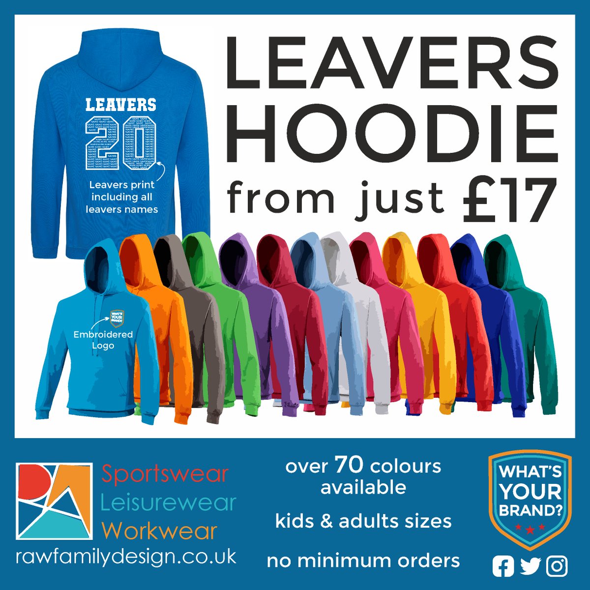 Looking for a Leavers Hoodie? 
With over 70 colours to choose from and no minimum orders RAW Family Design are here to help. 
To discuss your order, email us at sales@rawfamilydesign.co.uk 
#rawfamilydesign #leaverhoodie #embroidery #print #workwear #leisurewear #sportswear