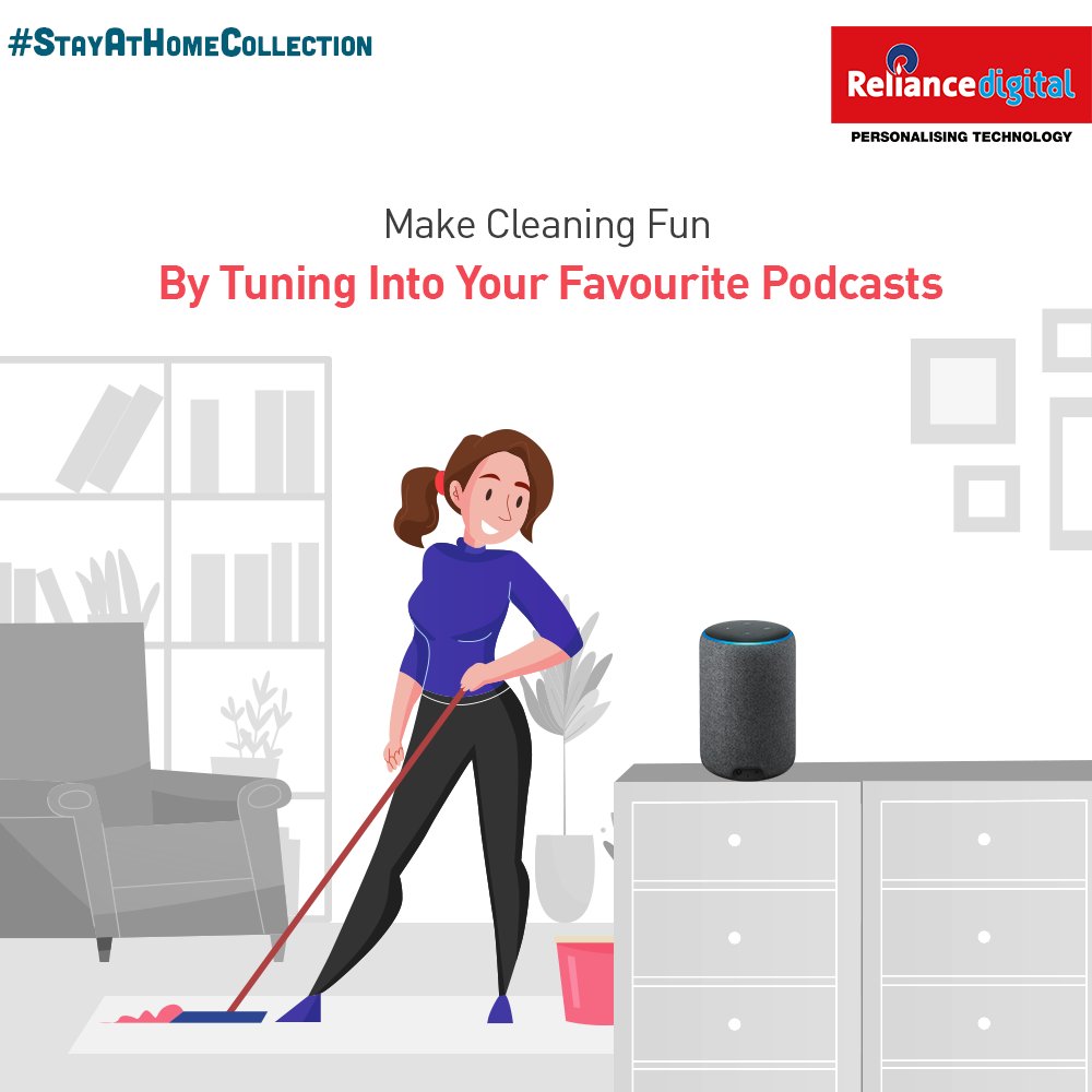 RelianceDigital's tweet photo. Cleaning seems like an uphill task? Don’t worry, be more productive with entertainment by your side. Switch on your smart speaker & tune-in to your favourite podcasts while doing your chores. Mummy bhi khush, aap bhi kush. #StayAtHomeCollection https://t.co/GAwVVW8Goq https://t.co/ALba04LVhO