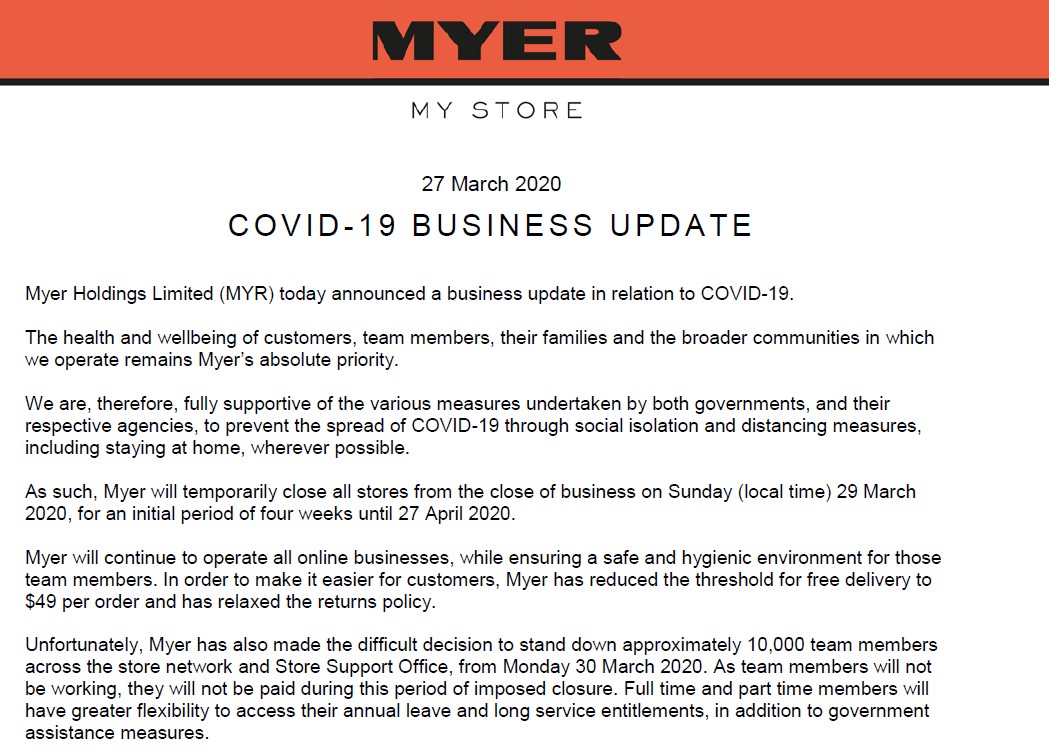 CommSec's tweet photo. Myer $MYR will close all its stores for 4 weeks from close of business Sunday 29 March. Roughly 10,000 staff will be temporarily stood down without pay for the period. MYR online business will remain operating #ausbiz #retail #covid19australia https://t.co/W7DV0D2pjI