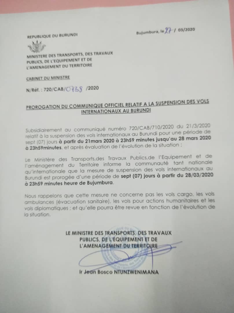  L’Aéroport International Melchior Ndadaye reste fermé aux vols commerciaux jusqu'au 04 avril 2020, en raison de la menace  #coronavirus. Prorogation de 7 jours sur la période initialement prévue (jusqu'au 28 mars 2020). #Burundi  #coronavirus
