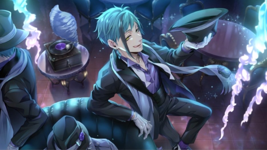 ツイステ フロイドの寮服の絵に、ジェイドの後ろ姿と、アズールの頭が