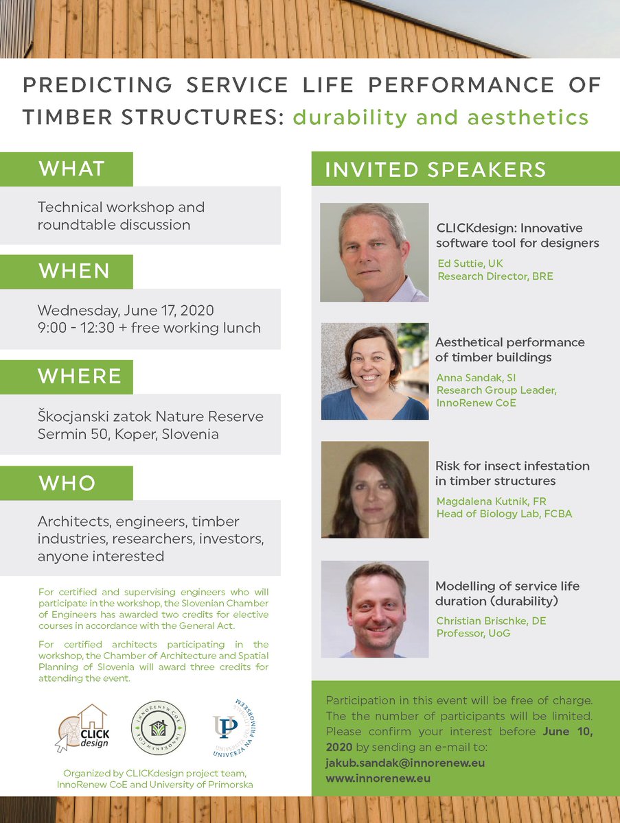 InnoRenewCoE's tweet photo. You're invited to the @KdesignClic Technical workshop and round table discussion: Predicting service life performance of timber structures: durability and aesthetics on June 17 9 - 12:30
Register by June 10, 2020.
➡️ https://t.co/hEZejhM4W7
#timber #buildings #CLICKdesign https://t.co/GazarRRgPs