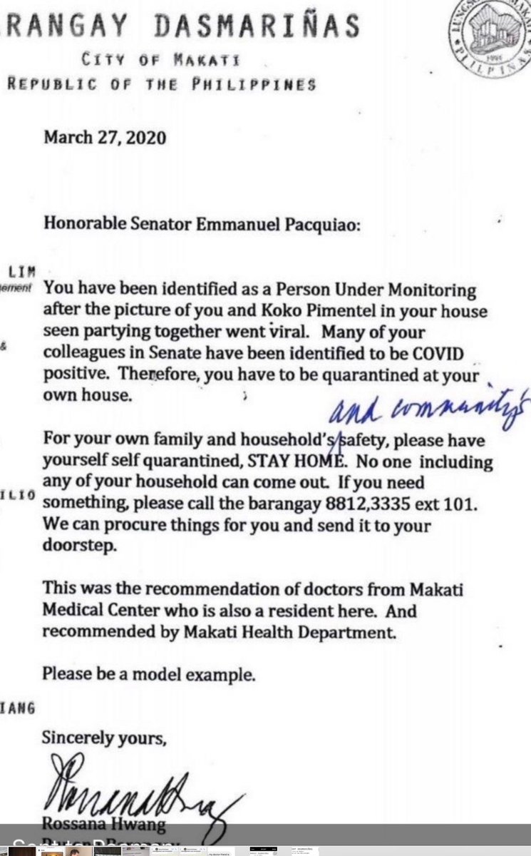 PhilstarNews's tweet photo. LOOK: Brgy. DasmariΓ±as in Makati tells Senator Manny Pacquiao to do self quarantine after a photo showed him partying with Senator Koko Pimentel.
In an interview, Pacquiao said Pimentel went to their party on March 4 before the senator contracted the virus. | via @eyesgonzales https://t.co/axQ6Tt6qwz