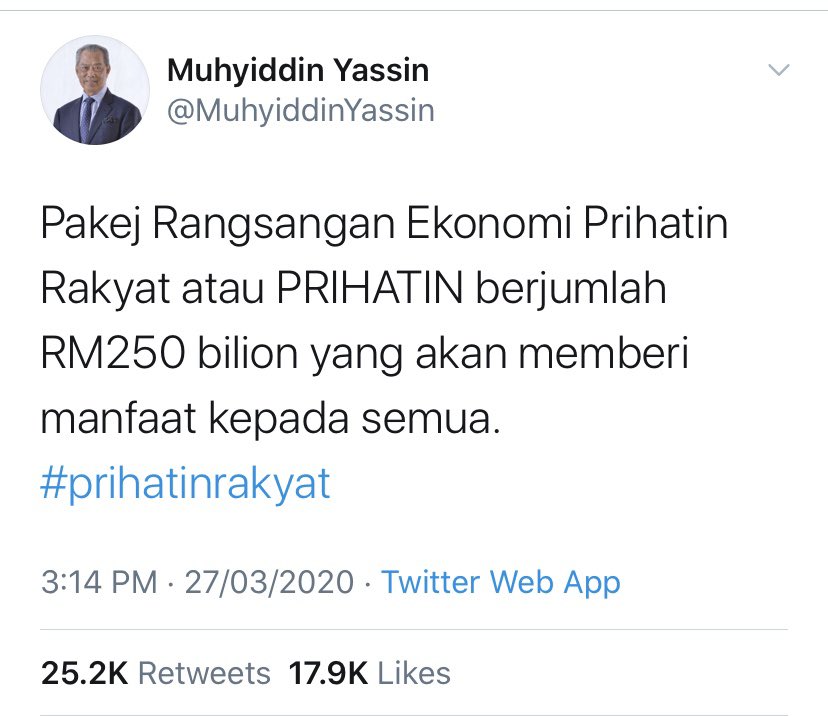 Terima kasih dan tahniah kepada YAB Perdana Menteri dan Kerajaan Malaysia atas pembentangan Pakej Rangsangan Ekonomi Prihatin Rakyat yang sangat menyeluruh, dan benar-benar prihatin terhadap kesusahan dan keresahan rakyat yang terjejas dengan wabak Covid-19.