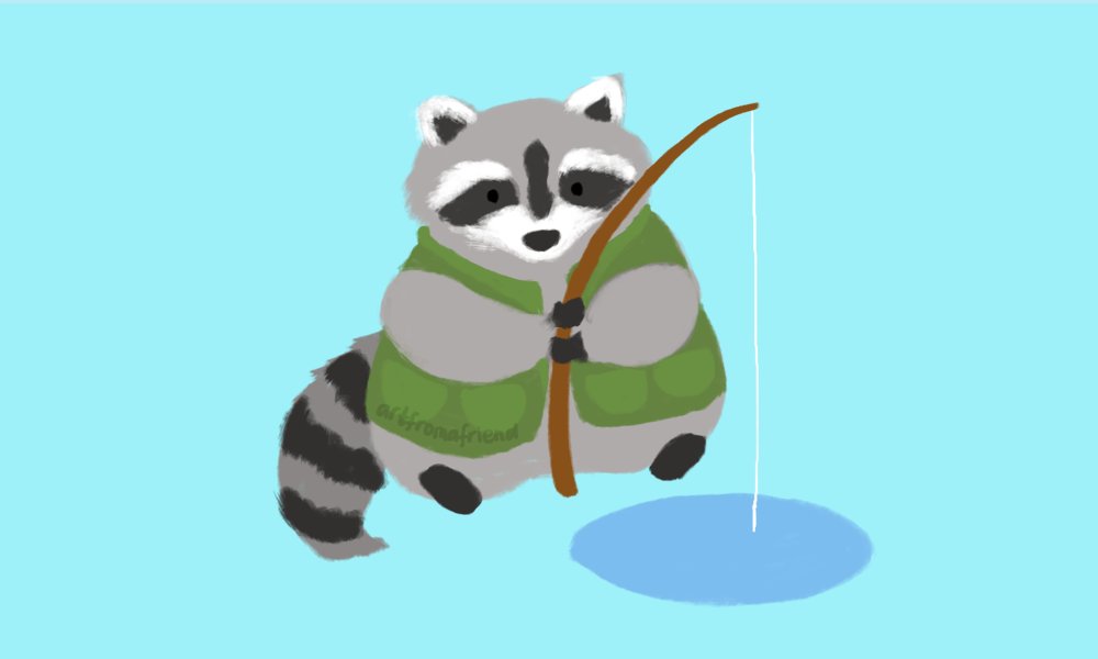 here is a chonky raccoon who loves to fish! has been waiting patiently all day. don't worry, his favourite fishing vest keeps him warm. 