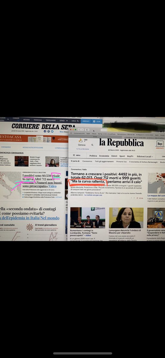 LGConcolino's tweet photo. #notizie sul #coronvirusitalia : per il @Corriere risale la curva, per @repubblica rallenta. Chiaro !!! Letture oggettive dei numeri . 
Dati #covid19italy alle 19,30 del 26/3
@RobertoBurioni @Agenzia_Ansa @DPCgov https://t.co/IDL5ZH8aPz