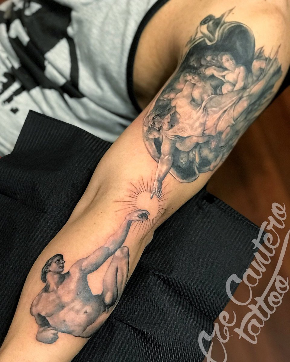 eze_cantero's tweet photo. Les dejo este tattoo que hice de la creacion de Adan de Miguel Ángel,la idea es que continue despues como una manga, les gusta? https://t.co/bVEIWglj3K