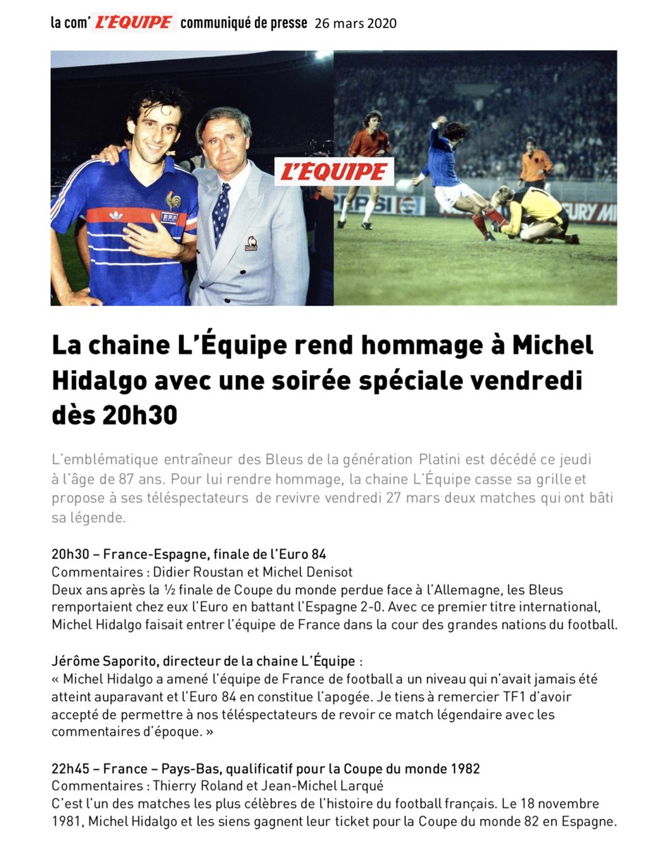 Leblogtvnews's tweet image. Hommage à #MichelHidalgo ce soir sur la chaîne L&apos;Équipe :