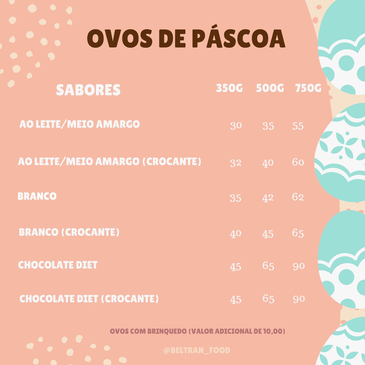 BeltranFood's tweet photo. 🐰CARDÁPIO DE PÁSCOA🍫🥚
⠀⠀⠀⠀⠀⠀⠀
Sabemos da importância de não se colocar em risco na ruas, mas também não esquecemos do que a Páscoa significa para nossos clientes, por isso, disponibilizamos nossos motoboys para levar a magia dessa época do ano até sua casa✨

#pascoa https://t.co/dNdQlZCtOF