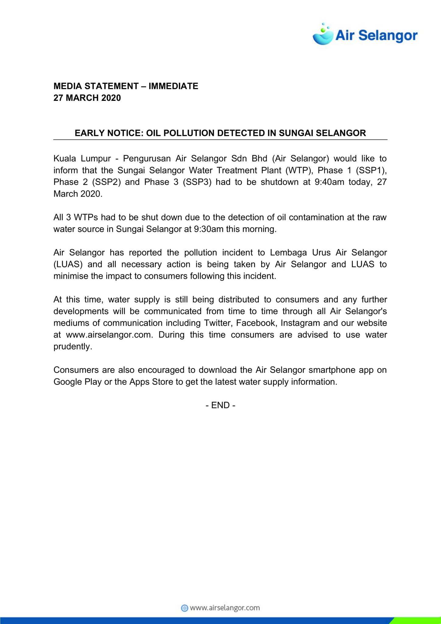 Air Selangor On Twitter Early Notice Oil Pollution Detected In Sungai Selangor