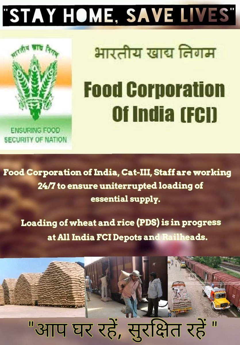 #FCI_value_4_the_nation
#FoodArmy  
FCI employees are ensuring their presence at workplace so constant supplies of food grains remain in whole Nation.... 
FCI ensuring food security of Nation by maintaining buffer stock, encouraging farmers to produce more by providing MSP.