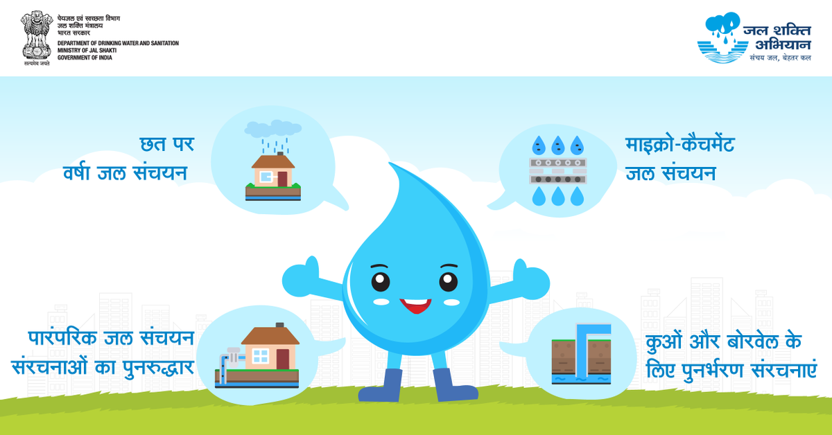 वर्षा जल संचयन अनिवार्य रूप से पानी को संग्रहित करने और प्राप्त करने की तकनीक है। जल संचय करके इसे बाद के दिनों में उपयोग किया जाता है। जल का संचयन कुछ इस प्रकार किया जा सकता है:
#JalShaktiAbhiyan