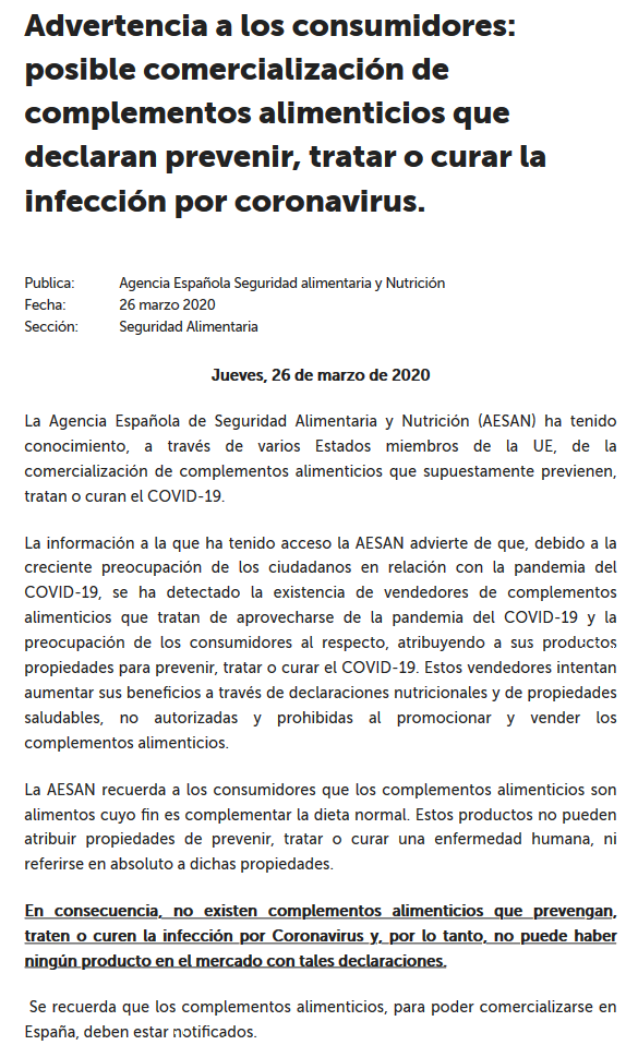 beatrizcalidad's tweet photo. Para todos lo q están aprovechand la peor crisis sanitaria (y social) q hemos conocido:
#AESAN "no existen complementos alimenticios que prevengan, traten o curen la infección por Coronavirus" 
#QuédateEnCasa #COVID19 
https://t.co/GaTOVuqVOm https://t.co/oDYasqhjod