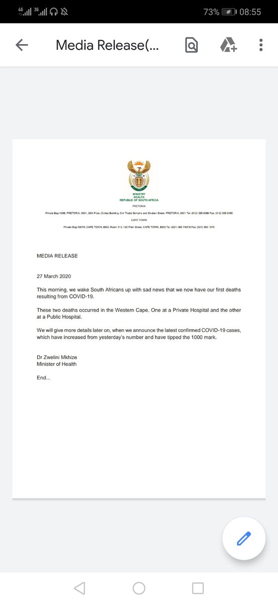 COVID_19_ZA's tweet photo. We wake up this morning to sad news. Two people have died in South Africa from COVID-19. More information will be given at a later stage. https://t.co/TDGuh3dq8H