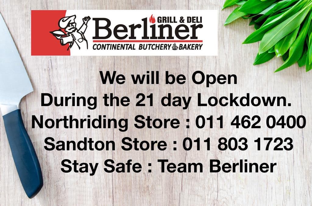 Berliner_Way's tweet photo. We are open! During the 21 Day Lockdown😀 We have plenty stocks of all your favourite Meats &amp; foodies in store. We've got you sorted! 
Northriding Store
https://t.co/mLoLEoDPTu
011 462 0400 Northriding
Sandton Store
https://t.co/LHh1jy4RgJ
011 803 1723 Sandton
Stay Safe 😀 https://t.co/avhwG8EVKR