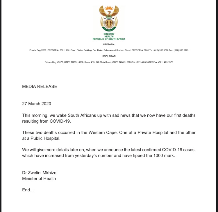 GCIS Media Liaison (@gcismedia) on Twitter photo #CoronaVirusUpdate “This morning, we wake South Africans up with sad news that we now have our first deaths resulting from COVID-19. These two deaths occurred in Western Cape. One at a Private Hospital & the other at a Public Hospital” - Minister <a href="/DrZweliMkhize/">Zweli Mkhize</a> #CoronavirusInSA #CoronaVirusUpdate “This morning, we wake South Africans up with sad news that we now have our first deaths resulting from COVID-19. These two deaths occurred in Western Cape. One at a Private Hospital & the other at a Public Hospital” - Minister <a href="/DrZweliMkhize/">Zweli Mkhize</a> #CoronavirusInSA