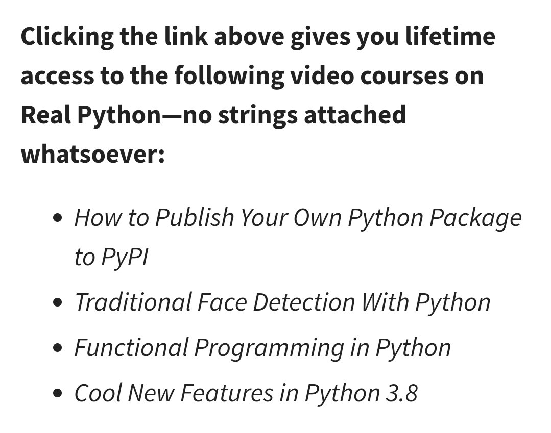 Shardul_Silswal's tweet photo. Real python @realpython is giving away a free Python course. Access code inside the link (no strings attached).
Thank you @dbader_org

https://t.co/aLZJODf7EH https://t.co/NBNetekvgd