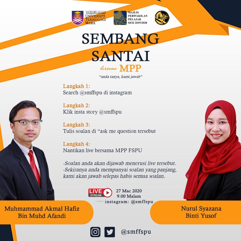 smffspu's tweet photo. ‼️ MALAM INI ‼️

LIVE pelajar FSPU bersama MPP FSPU mengenai isu semasa FSPU &amp; UiTM

”anda tanya, kami jawab”

🗓 TARIKH: 27 Mac 2020
⏰ MASA: 9.00 Malam
🎥 Live di: instagram @smffspu https://t.co/VAqHoiy3FN