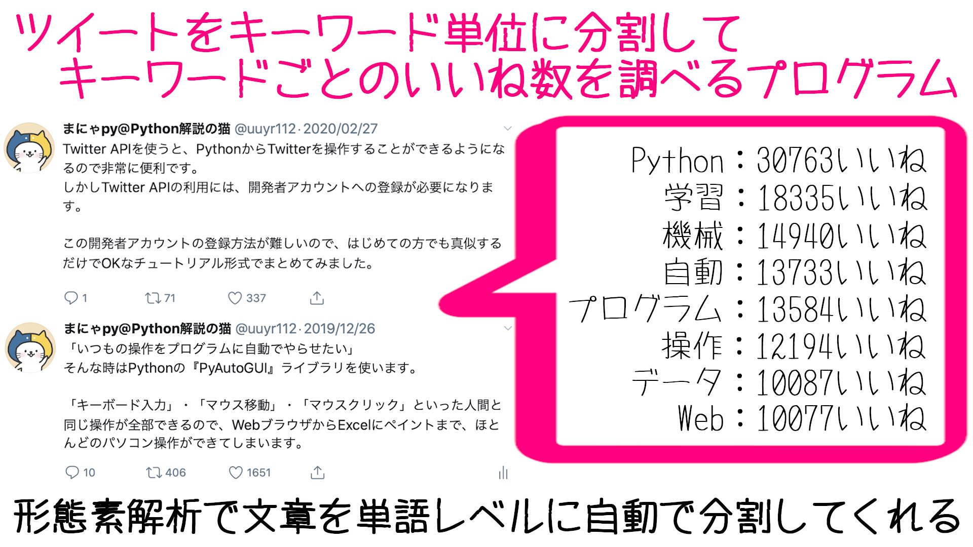 まにゃpy Pythonコース講師 On Twitter 形態素解析という処理をご存知でしょうか コンピューターによって 文章を単語レベルに自動で区切ってくれる便利な機能です 今回はpythonのjanomeライブラリを使って ツイートをキーワード単位に分割して バズるキーワード