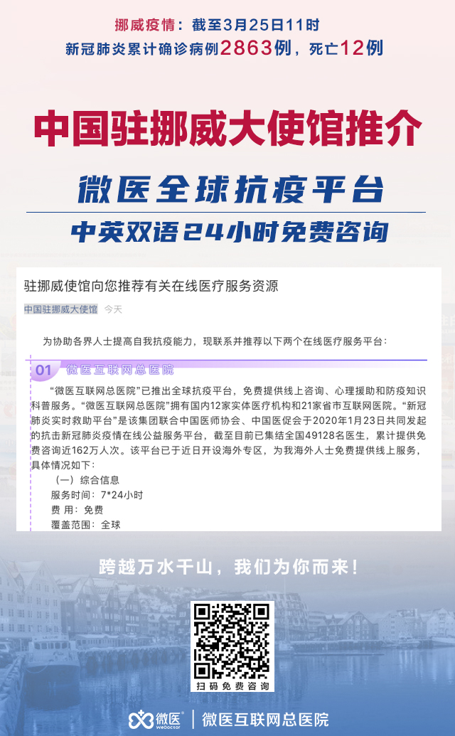 Chinese Embassy in Norway recommends overseas Chinese to receive FREE doctor consultations from #WeDoctor's 7x24hrs Global Anti-COVID19 Consultation and Prevention Center.
📲 Click NOW: bit.ly/3b7sDUL
#COVID19 #ChineseEmbassy #conoravirus #Norway  #EmbassyinOslo #Prevent