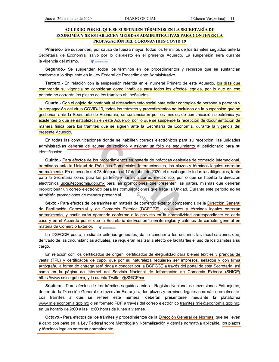 LeonoraTrade's tweet photo. #DOF Acuerdo por el que se suspenden términos en la SecretaríadeEconomía @SE_mx  y se establecen medidas administrativas para contener la propagación del coronavirus COVID19 Vigor 26/03/2020 
#UPCI #DGFCCE #CertificadosDeOrigen #TPL #antidumping
@alejandrogomezt @canaive @SNICEmx https://t.co/npga4J90nl