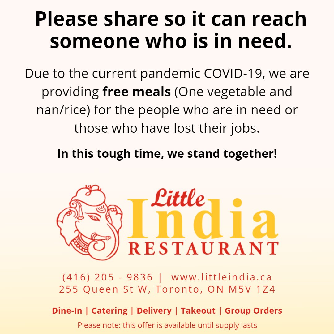 Please #retweet so it can reach someone in need🙏🏼

Due to the current pandemic COVID-19, we are providing free meals for the people who are in need. We believe #NoCanadian should sleep hungry and want to show some #Courage4Canada