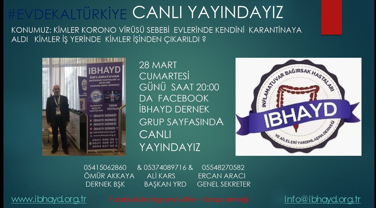 İnflamatuvar Bağırsak Hastaları ve Aileleri Yardımlaşma (İBHAYD)Derneği
#corona #coronavirüs #korona #koronavirüs #covid19 #kovid19 #sağlıkbakanlığı  #worldibdday2019 #worldibdday2020  #ibh #ibhd #ibhayd #ibhaydderneği #afa  #türkgastroenterolojider #efcca #crohnscolits