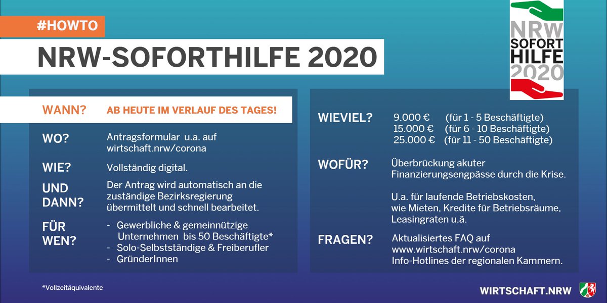 WirtschaftNRW's tweet photo. 🔴 #Corona: UPDATE: NRW-Soforthilfe 2020
Heute im Verlauf des Tages startet das Sofortprogramm für Kleinunternehmen, Solo-Selbstständige und FreiberuflerInnen
▶️ Das digitale Antragsformular https://t.co/mfCd2vboW8
▶️ Aktualisiertes FAQ mit allen Infos https://t.co/TdJSEcrl5a https://t.co/nrM3ZUZByX