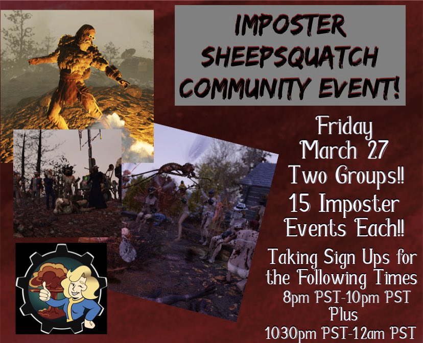 WreckItRenee's tweet photo. Tomorrow night... itโs going down... #ImposterSheepsquatch #CommunityEvents #Xbox #Fallout76 #WreckItRenee #FacebookGaming #Livestream #PrivateServer #LimitedSpots https://t.co/XyRTNH3pCX