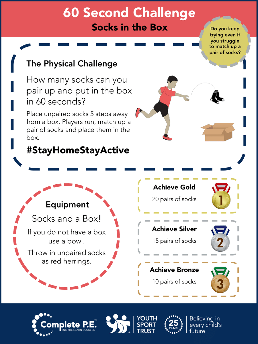 Today's challenge is a 60 second challenge called Socks in the Box, and we can see it getting competitive! How many socks can you pair up and get in the box in 60 seconds? #StayHomeStayActive #StayInWorkOut <a href="/Complete_PE/">Complete P.E.</a> bit.ly/YSTshsa