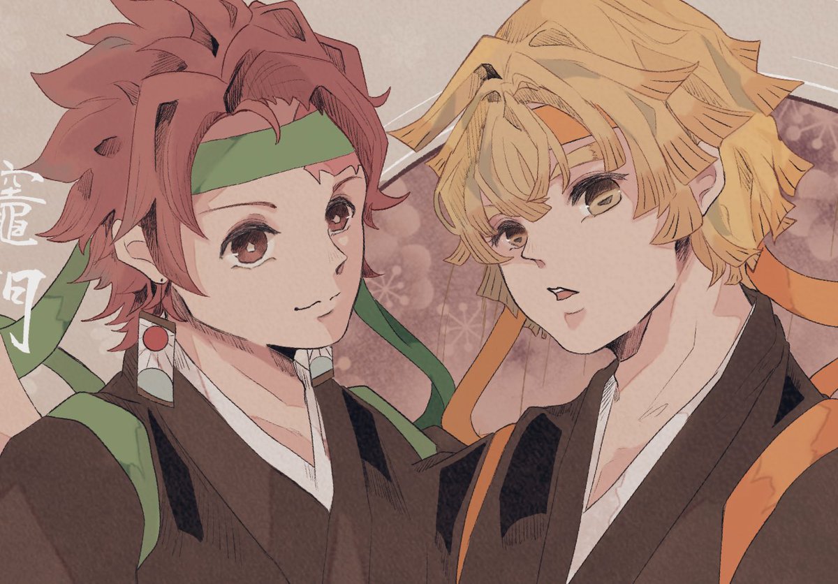 kamado tanjirou multiple boys 2boys blonde hair male focus japanese clothes earrings jewelry  illustration images