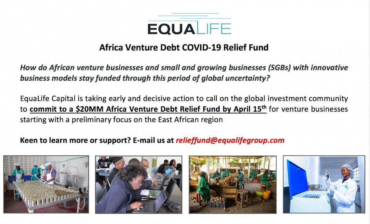 ongozake's tweet photo. How can innovative businesses stay funded through this period? EqualLife Capital is commiting a $20M Africa Venture Debt Relief Fund by April 15th. Learn more by emailing relieffund@equalifegroup.com #standtogether https://t.co/EwiQz98EHA