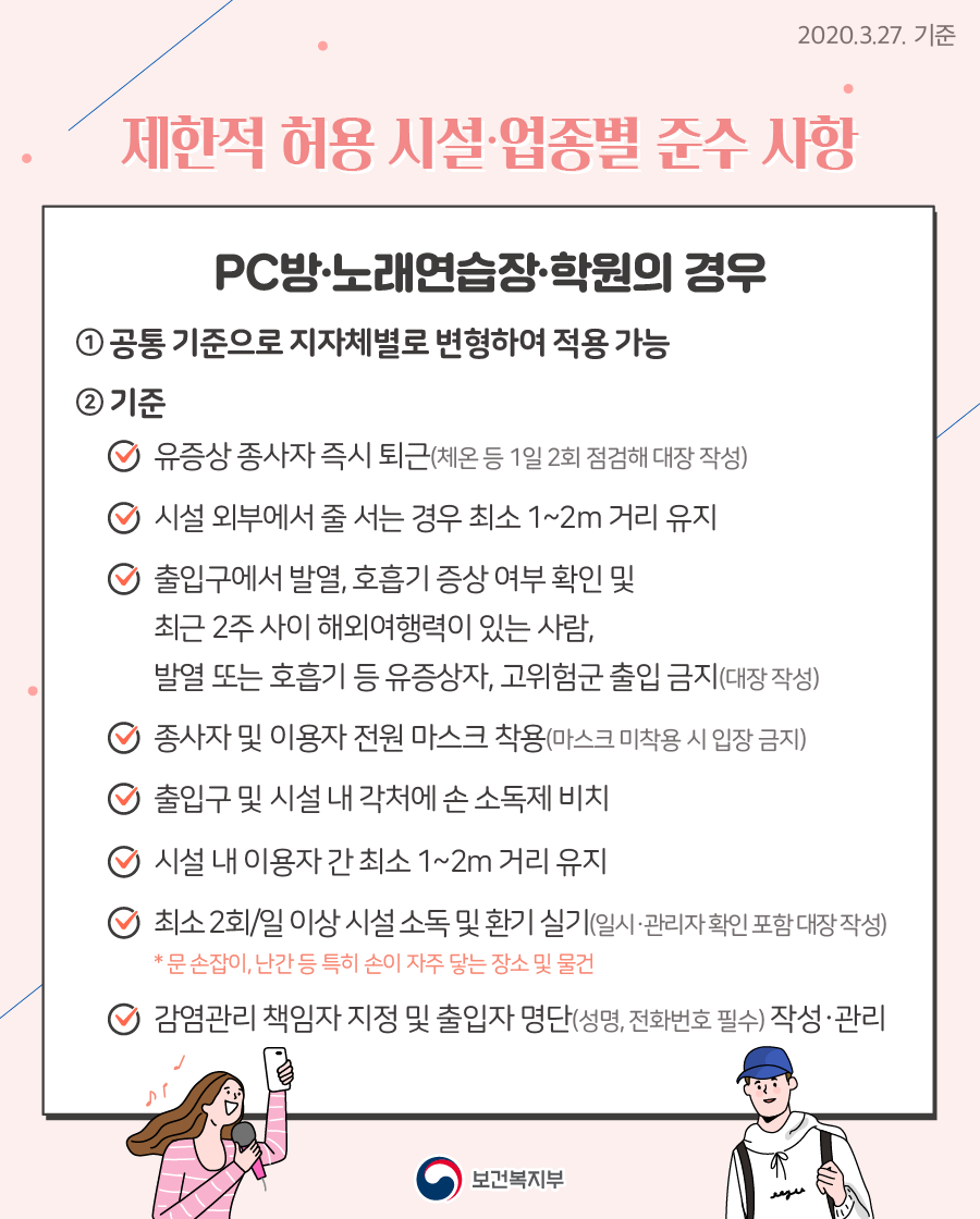 [#코로나19_중앙재난안전대책본부] 

수고했어, 오늘도

클럽, PC방, 노래연습장 등으로 가는 발걸음,
나와 가족, 주변 사람들을 위해 잠시만 멈춰주세요.

여러 명이 함께 이용하는 시설 방문 자제하기!
*사회적 거리두기 강화 기간(3.22.~4.5.)

#힘내라_대구경북 #힘내라_대한민국 #응원해요_의료진