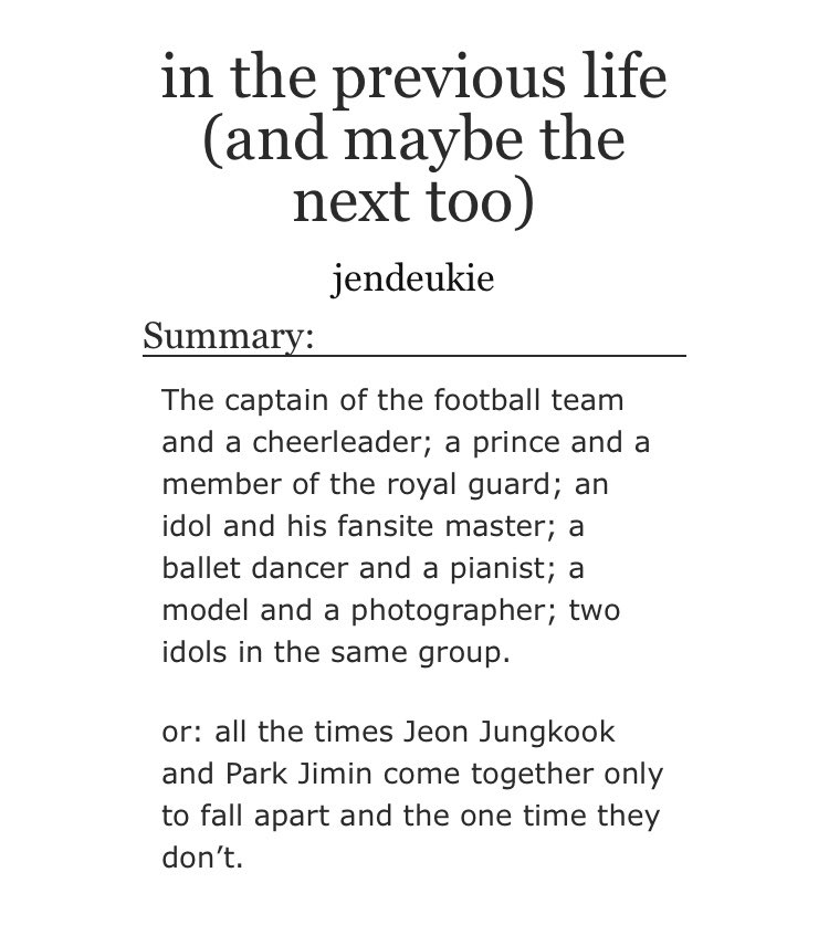 ➳「 in the previous life (and maybe the next too) 」‧₊˚࿐< link:  http://archiveofourown.org/works/12876594  > ♡ - the plot is so different from anything i’ve read before♡︎ - it’s short but so damn good ♡ - parallel universes ♡ - angst with a happy ending♡︎ - highly recommended