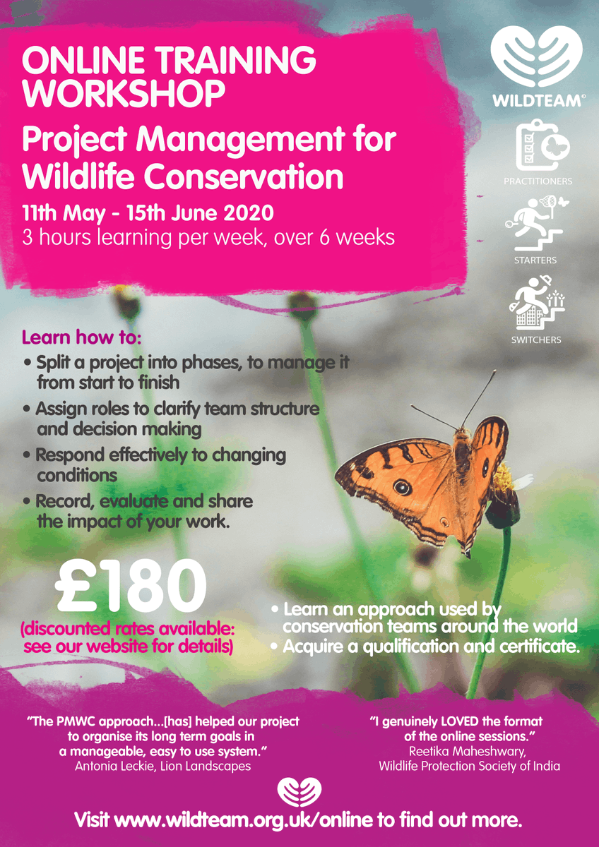 We've added a new online workshop! Project Management for #Wildlife #Conservation starting 11 May, open for registration now: wildteam.org.uk/online

More information and discounts available on our website.

#ConservationTraining #WildlifeTraining #OnlineLearning #OnlineClasses