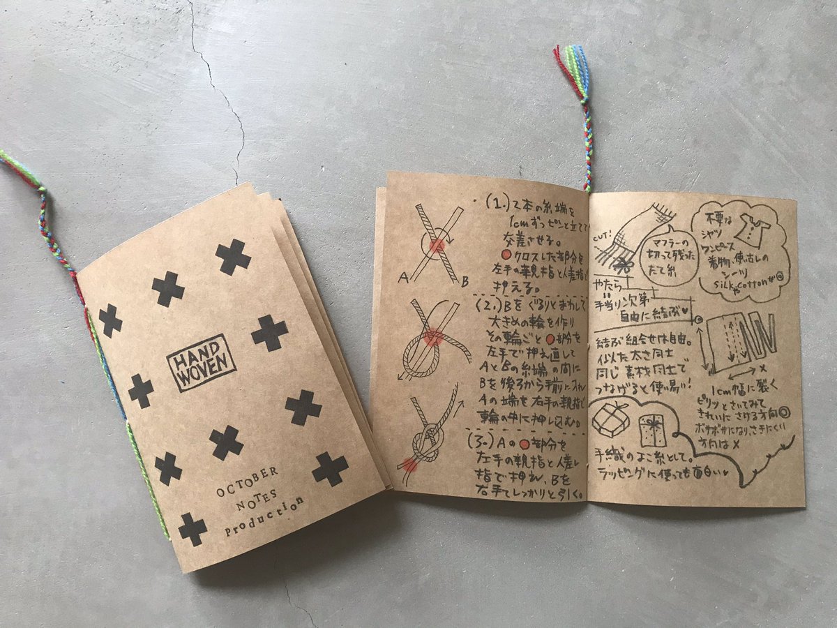 Yonekura Maki Twitterissa 教室の生徒さん達に送る通信 冊子 を作る その2 イラストの色塗りをして 中綴じ製本をして完成 内容は 機結び はた結び と言う糸の結び方についてのウンチク 結び方 利用法 機結びに関する小話などなど